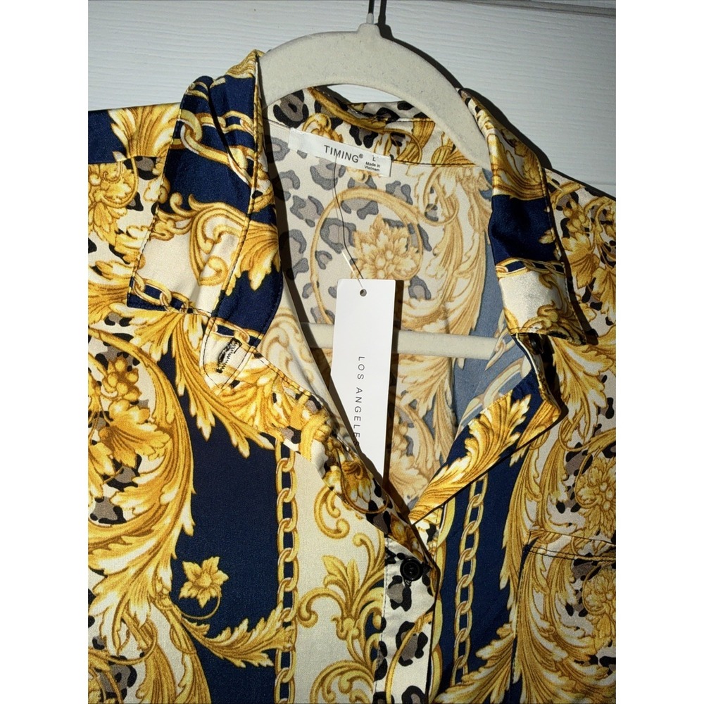 Timing Los Angeles Women's Large Baroque Leopard Print Shirt Dress Gold Black - Picture 3 of 13